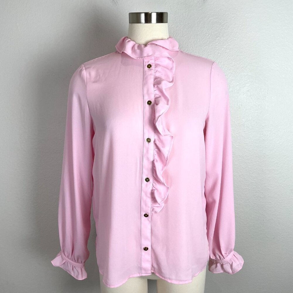 J. Crew Womens 4 Pink Ruffle Button Up Blouse Long Sleeve Shirt Top - Picture 1 of 11